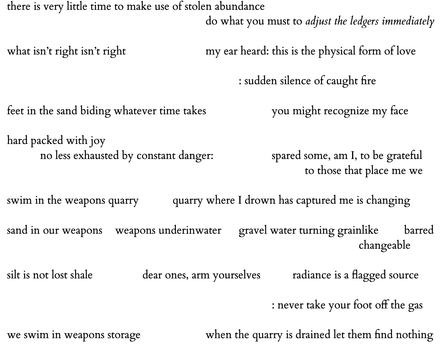 Plain Speech by Aime Zimmerman there is very little time to make use of stolen abundance do what you must to adjust the ledgers immediately what isn’t right isn’t right my ear heard: this is the physical form of love : sudden silence of caught fire feet in the sand biding whatever time takes you might recognize my face hard packed with joy no less exhausted by constant danger: spared some, am I, to be grateful to those that place me we swim in the weapons quarry quarry where I drown has captured me is changing sand in our weapons weapons underinwater gravel water turning grainlike barred changeable silt is not lost shale dear ones, arm yourselves radiance is a flagged source : never take your foot off the gas we swim in weapons storage when the quarry is drained let them find nothing 